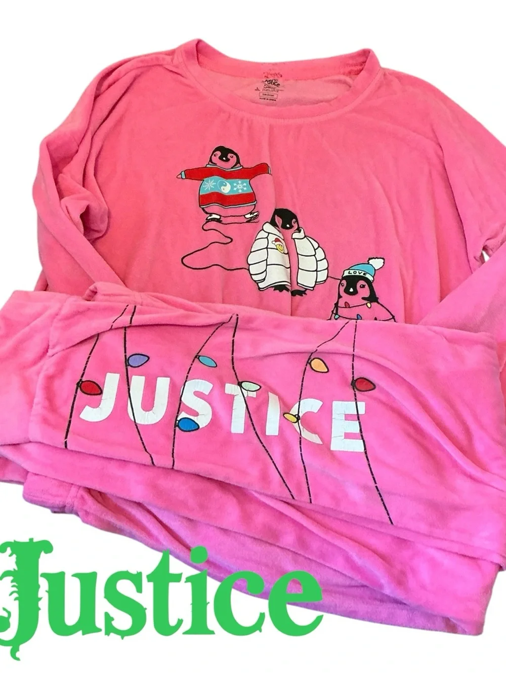 Justice Pink Long Sleeve Shirt with Penguin and Light Graphic